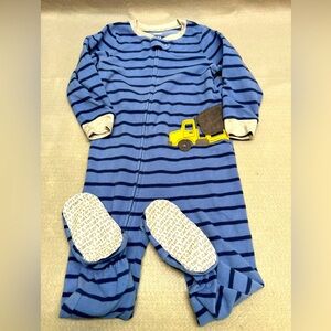 Carters boys 2T fleece zip up footie pajamas- blue stripe/construction